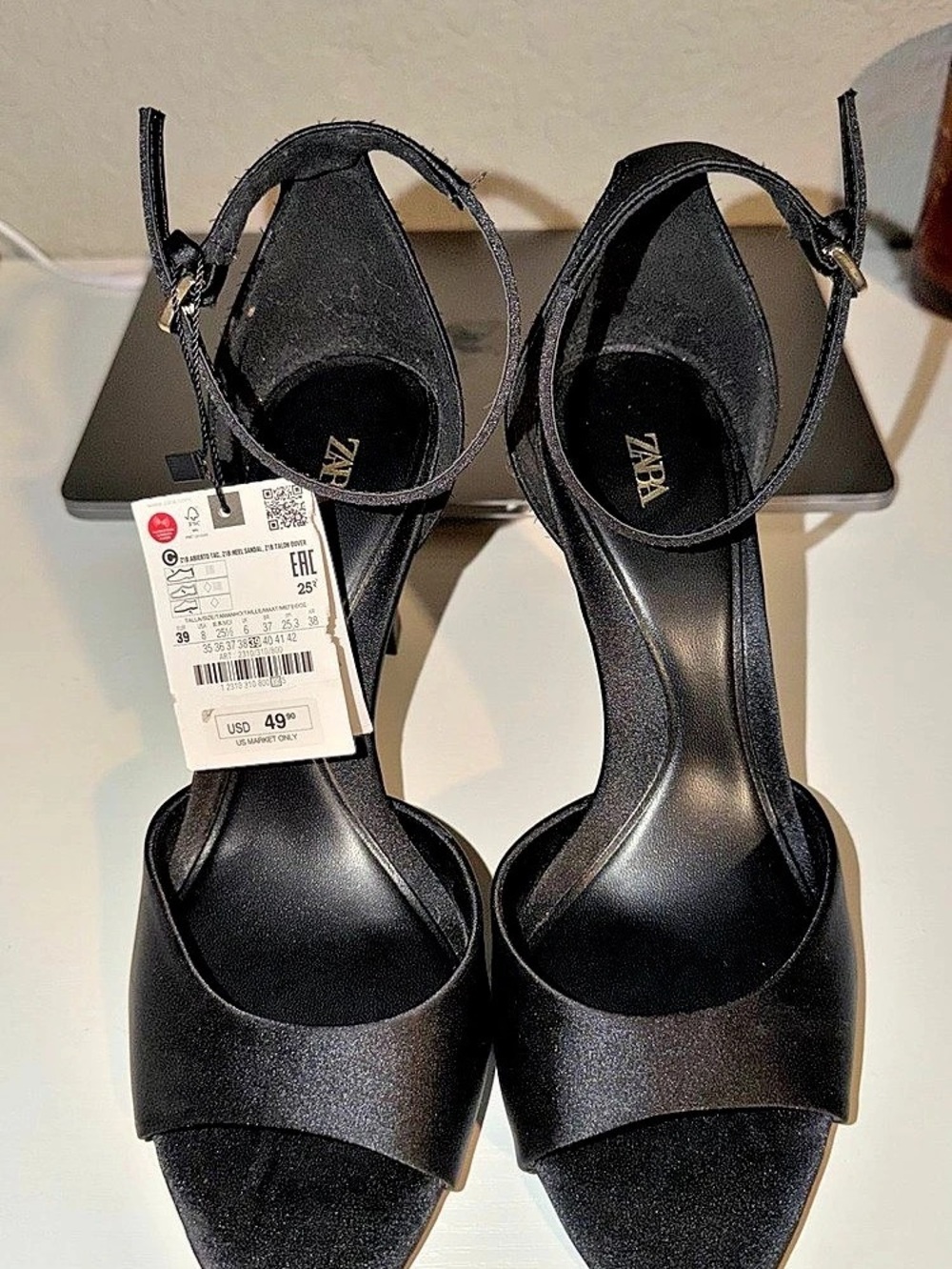 ZARA Satin High Heel Sandals Black US 8